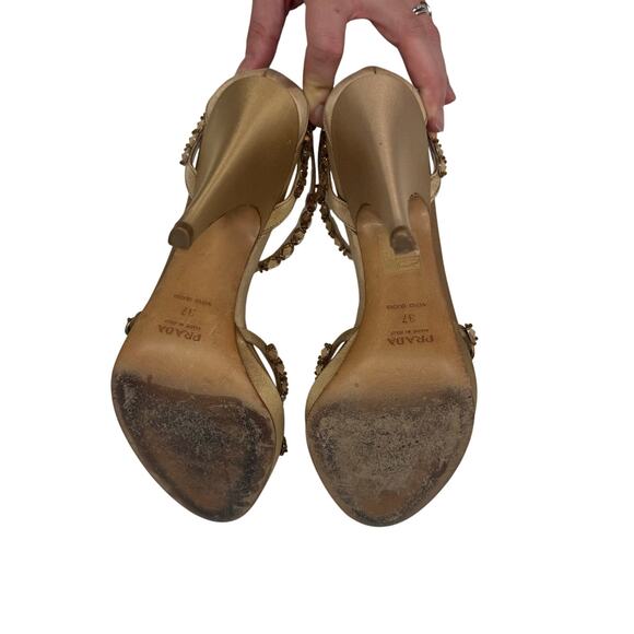 Prada Jeweled Satin Ankle Strap Heels Gold Bow Embellished Sandals 37 - Picture 9 of 10